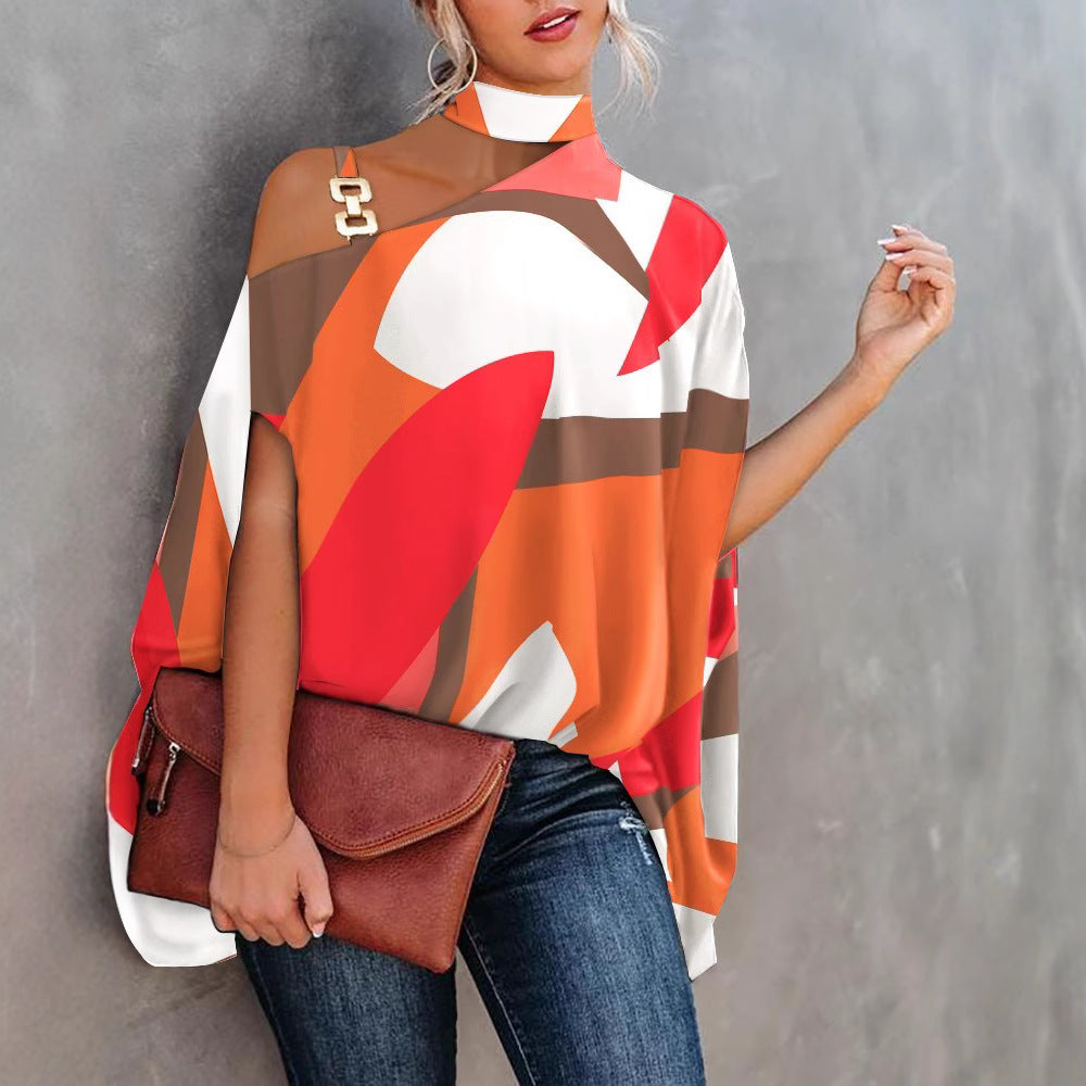 Printed Loose Top with Choker Neck and One-Shoulder Cutout