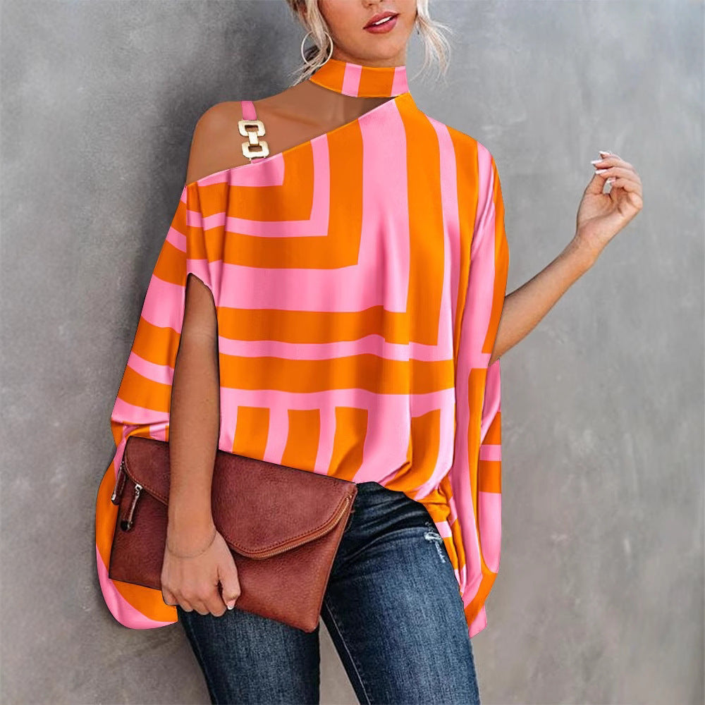 Printed Loose Top with Choker Neck and One-Shoulder Cutout