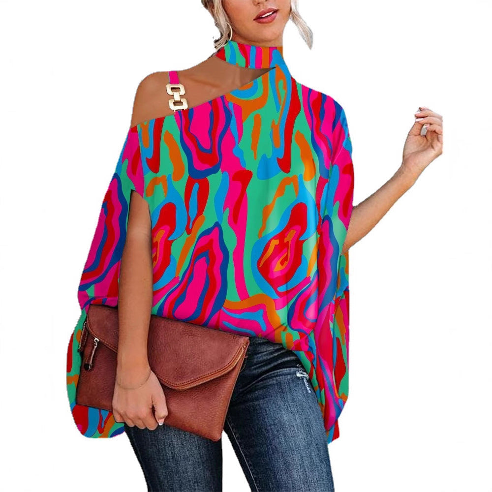 Printed Loose Top with Choker Neck and One-Shoulder Cutout