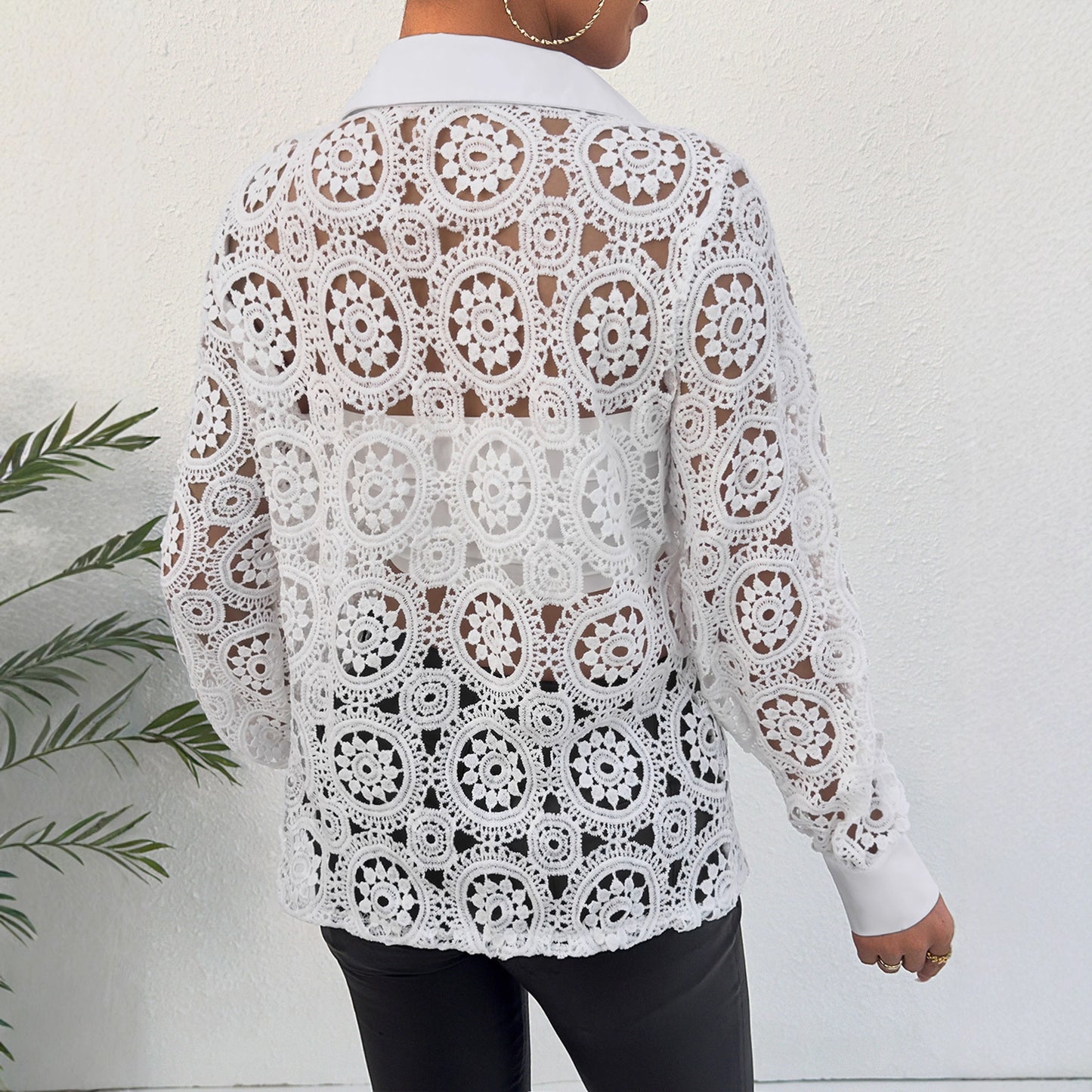 Crochet Lace Button-Down Shirt with V-Neck
