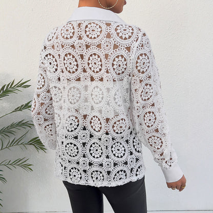 Crochet Lace Button-Down Shirt with V-Neck