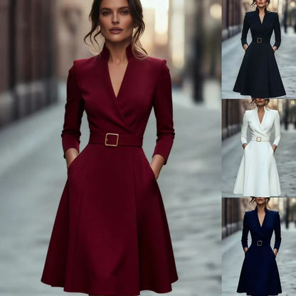 A-Line Midi Dress with Wrap V-Neck and Belted Waist