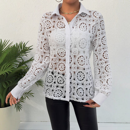 Crochet Lace Button-Down Shirt with V-Neck
