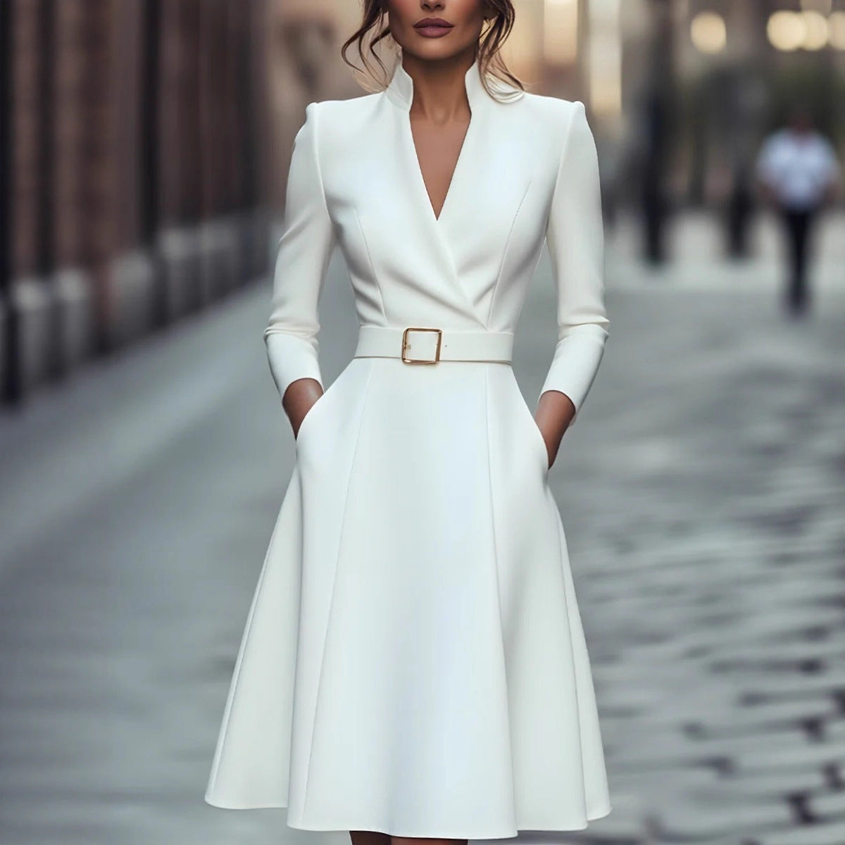 A-Line Midi Dress with Wrap V-Neck and Belted Waist