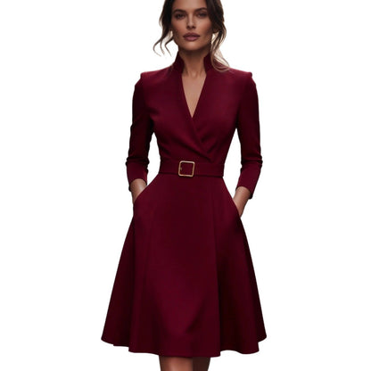 A-Line Midi Dress with Wrap V-Neck and Belted Waist