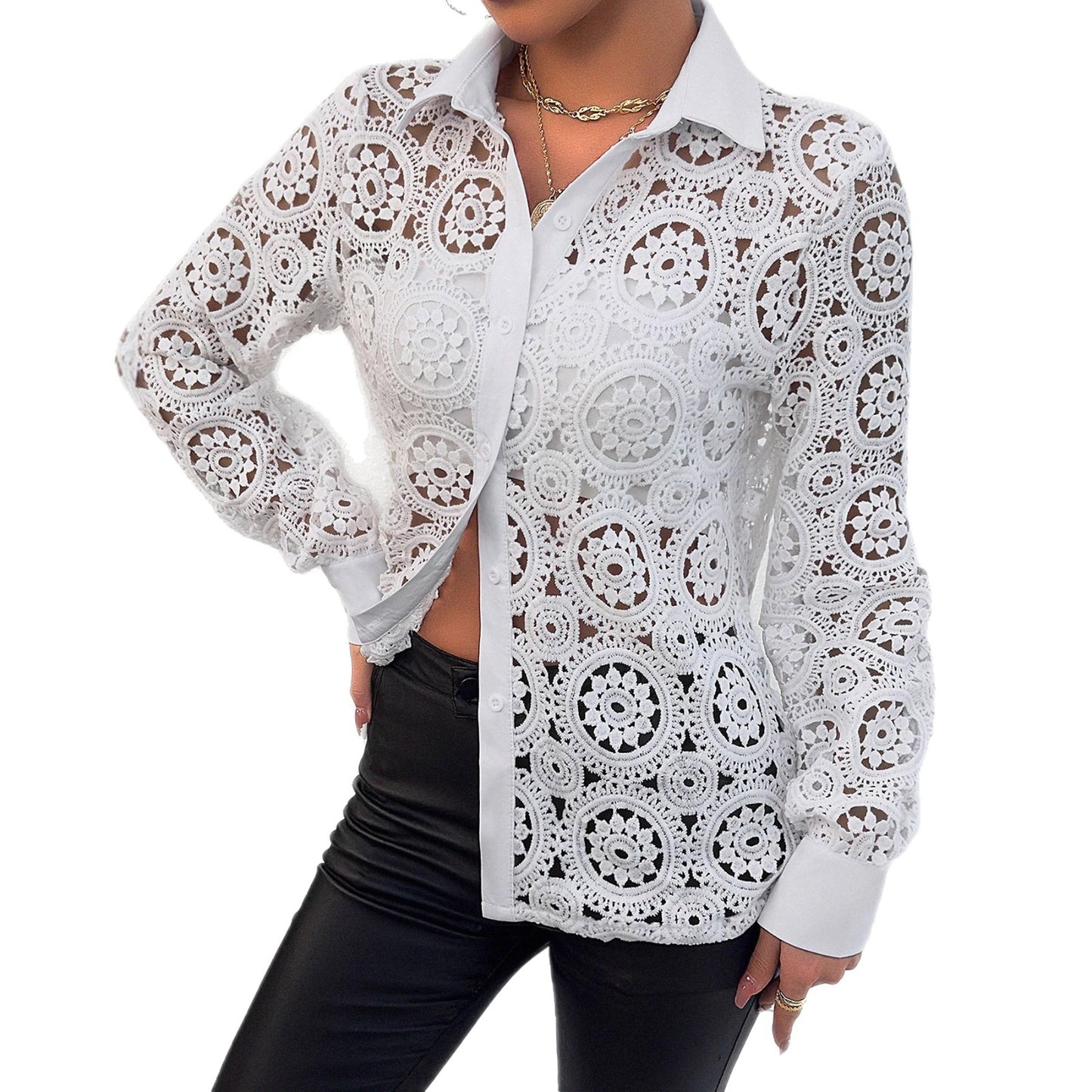 Crochet Lace Button-Down Shirt with V-Neck