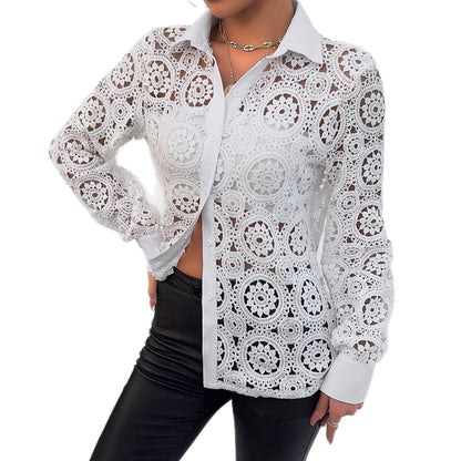 Crochet Lace Button-Down Shirt with V-Neck