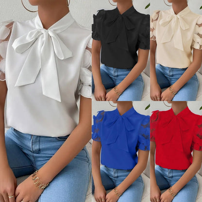 Solid Blouse with Pussy Bow Collar and Applique Puff Sleeves
