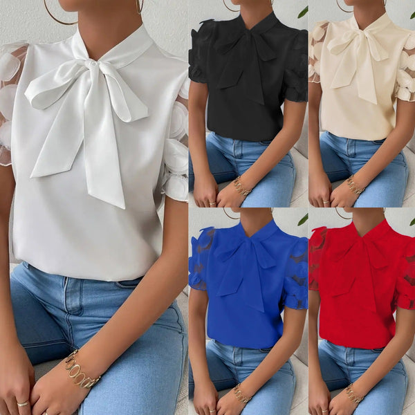 Solid Blouse with Pussy Bow Collar and Applique Puff Sleeves