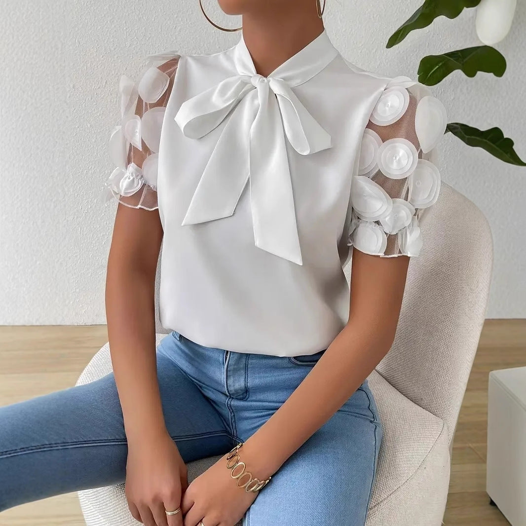 Solid Blouse with Pussy Bow Collar and Applique Puff Sleeves