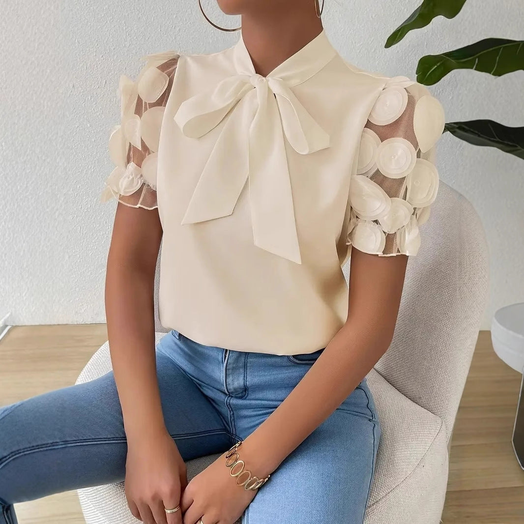 Solid Blouse with Pussy Bow Collar and Applique Puff Sleeves