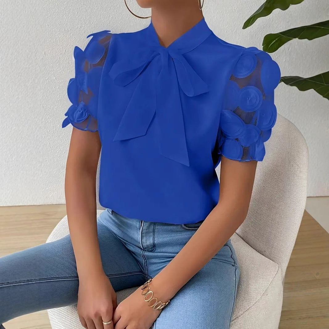 Solid Blouse with Pussy Bow Collar and Applique Puff Sleeves