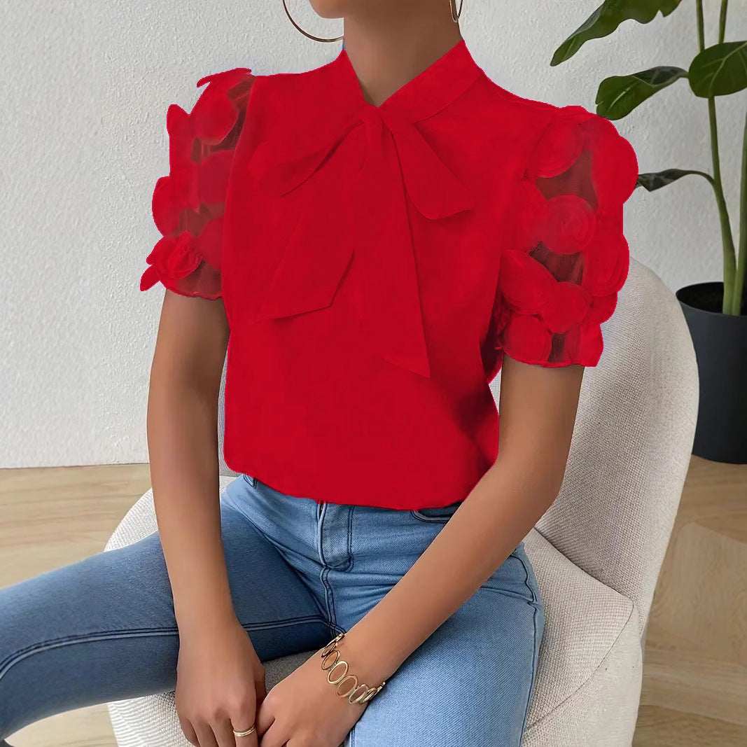 Solid Blouse with Pussy Bow Collar and Applique Puff Sleeves