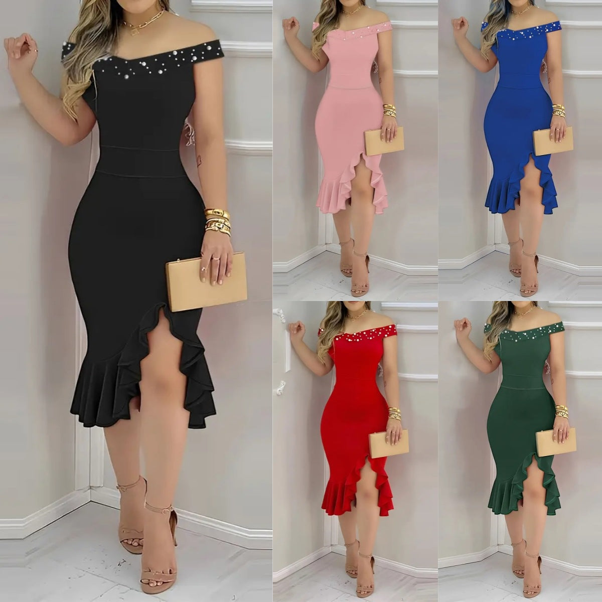 Bodycon Midi Dress with Off-Shoulder Neckline and Ruffled Slit