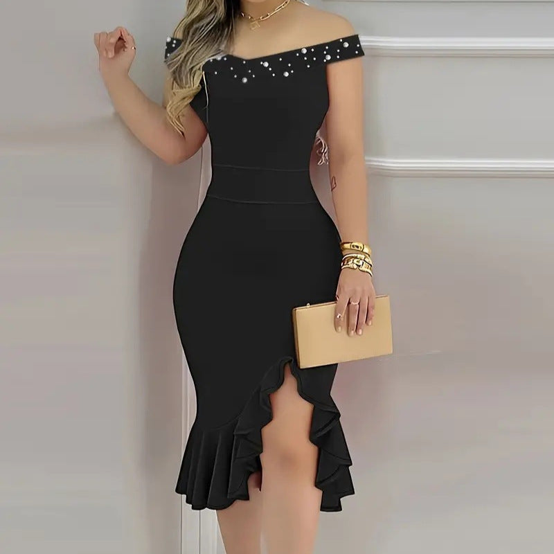 Bodycon Midi Dress with Off-Shoulder Neckline and Ruffled Slit