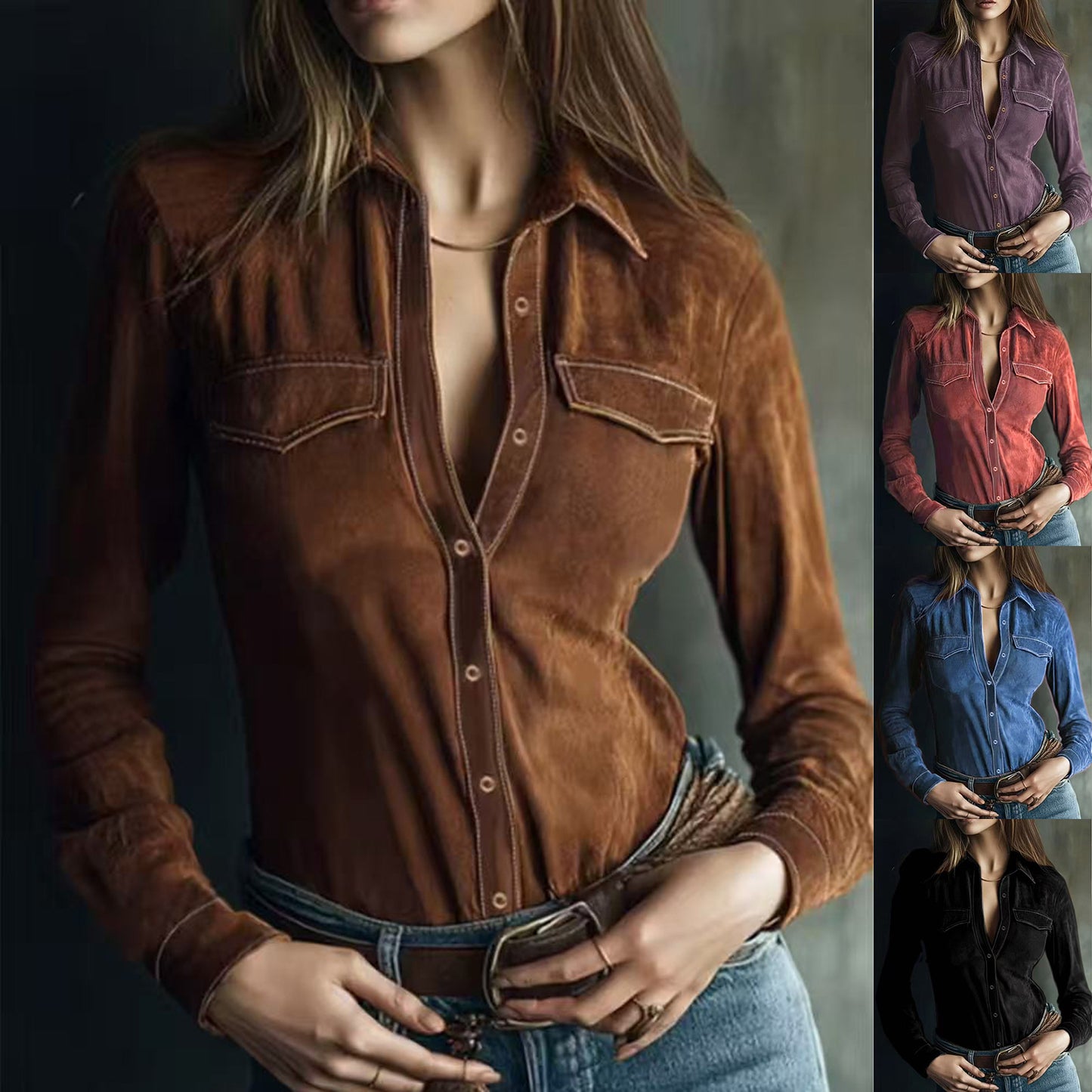 Fitted Velvet Button-Down Shirt with Chest Pockets