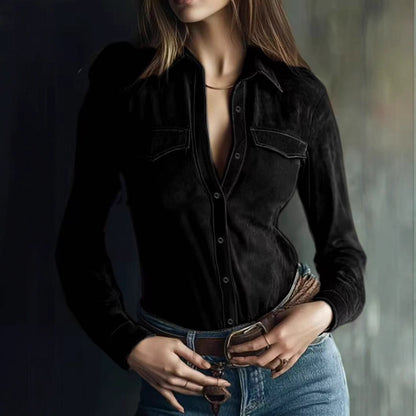 Fitted Velvet Button-Down Shirt with Chest Pockets