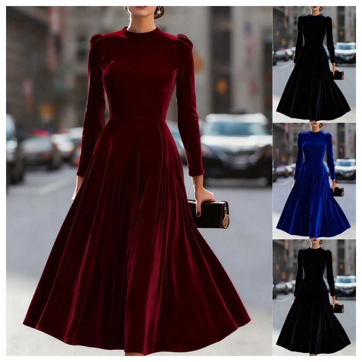 Velvet Swing Midi Dress with Round Neck and Puff Shoulders