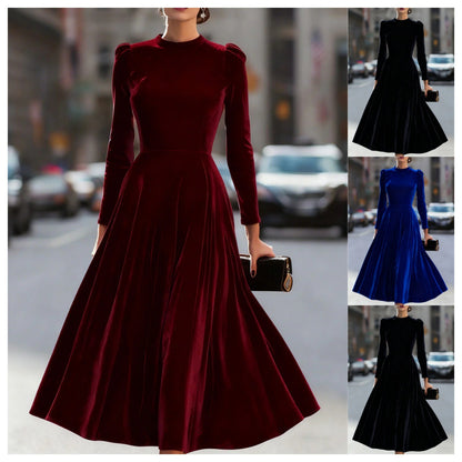 Velvet Swing Midi Dress with Round Neck and Puff Shoulders