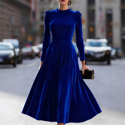 Velvet Swing Midi Dress with Round Neck and Puff Shoulders