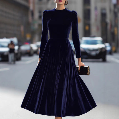Velvet Swing Midi Dress with Round Neck and Puff Shoulders