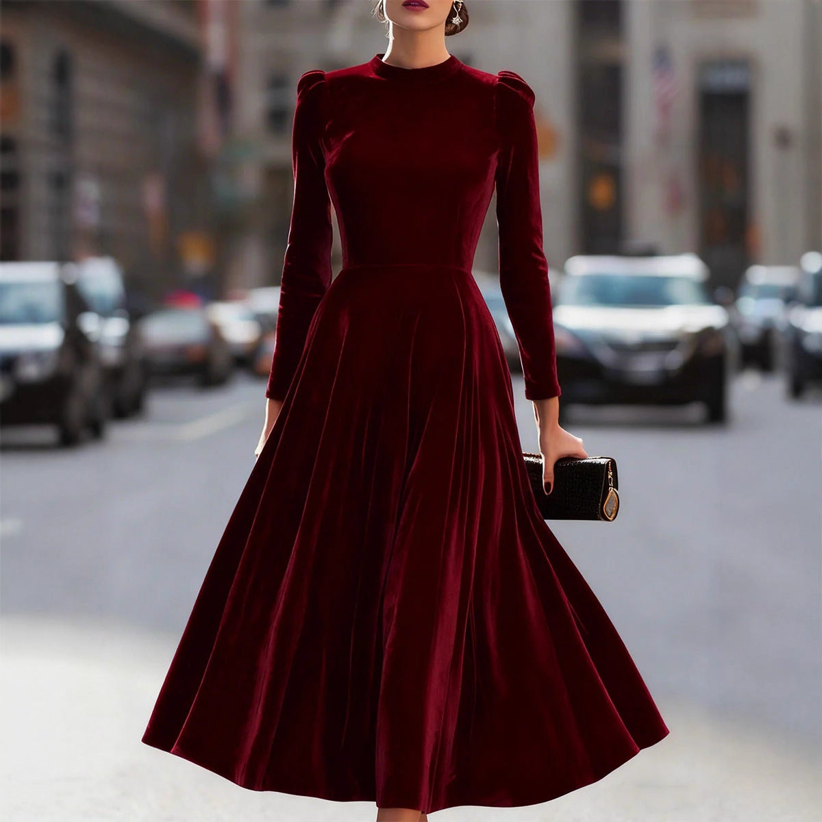 Velvet Swing Midi Dress with Round Neck and Puff Shoulders