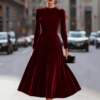 Velvet Swing Midi Dress with Round Neck and Puff Shoulders