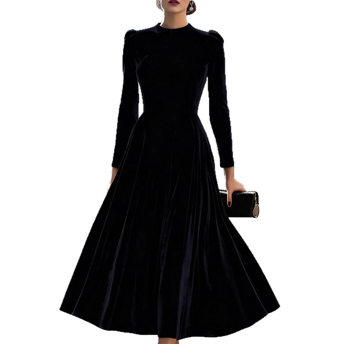 Velvet Swing Midi Dress with Round Neck and Puff Shoulders