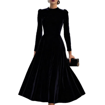 Velvet Swing Midi Dress with Round Neck and Puff Shoulders