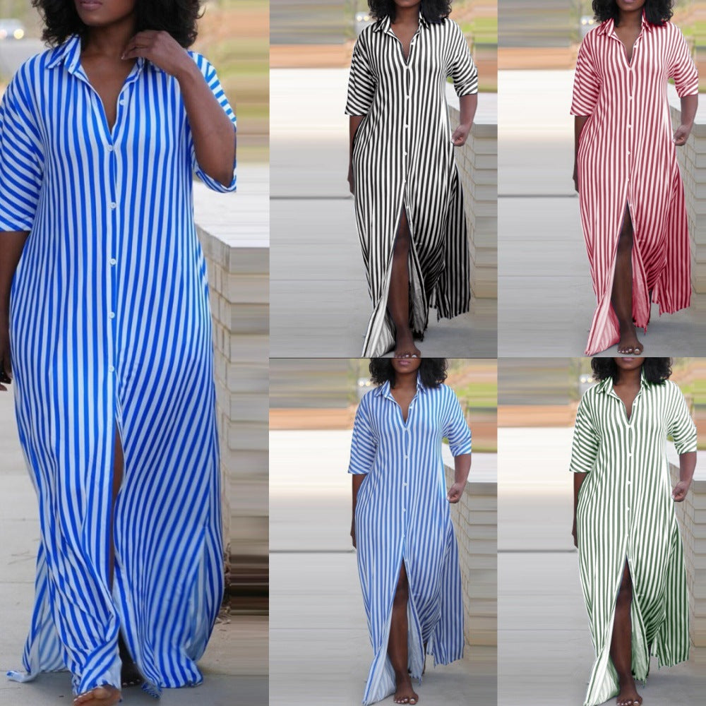 Striped Button-Front Maxi Shirt Dress with V-Neck