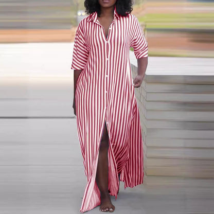 Striped Button-Front Maxi Shirt Dress with V-Neck