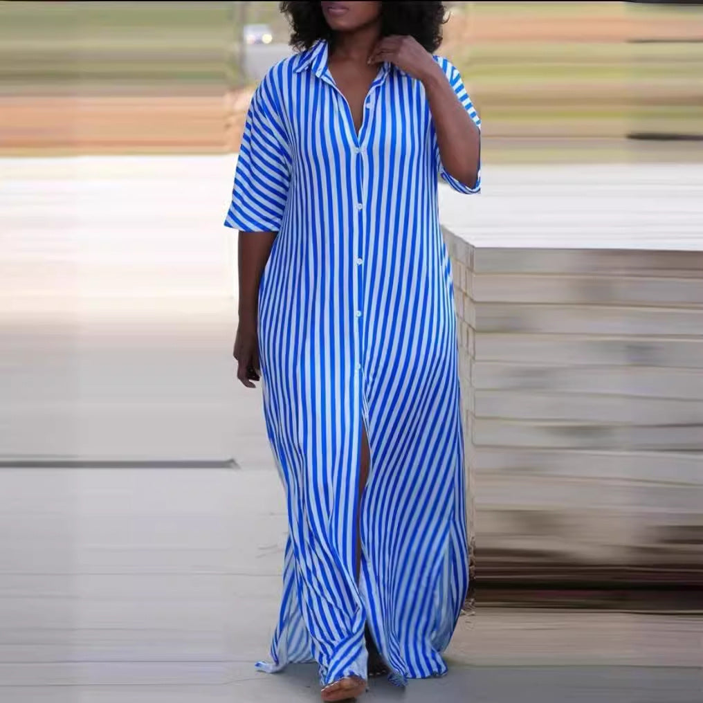 Striped Button-Front Maxi Shirt Dress with V-Neck