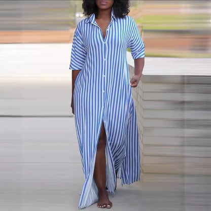 Striped Button-Front Maxi Shirt Dress with V-Neck