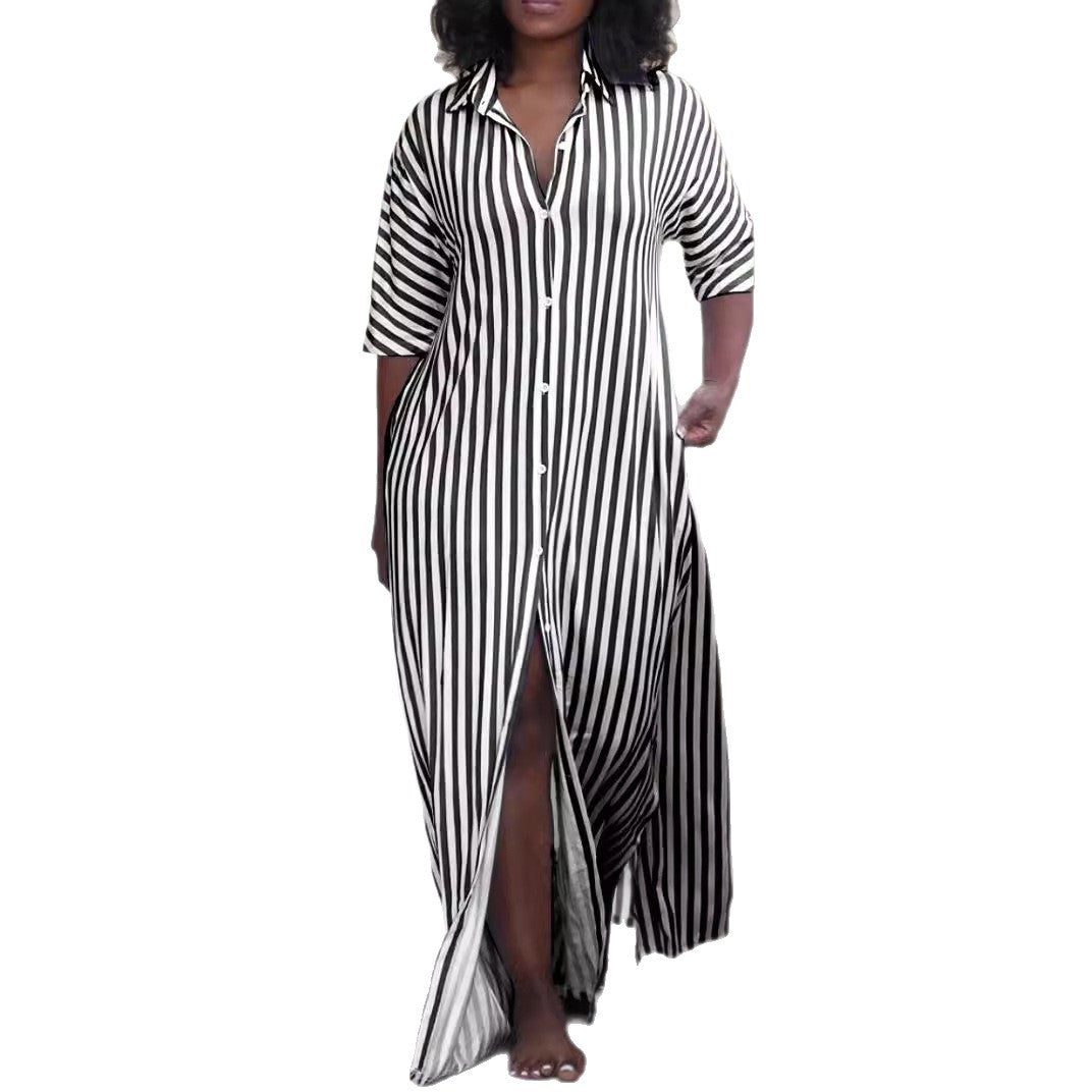 Striped Button-Front Maxi Shirt Dress with V-Neck