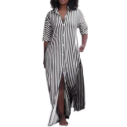 Striped Button-Front Maxi Shirt Dress with V-Neck