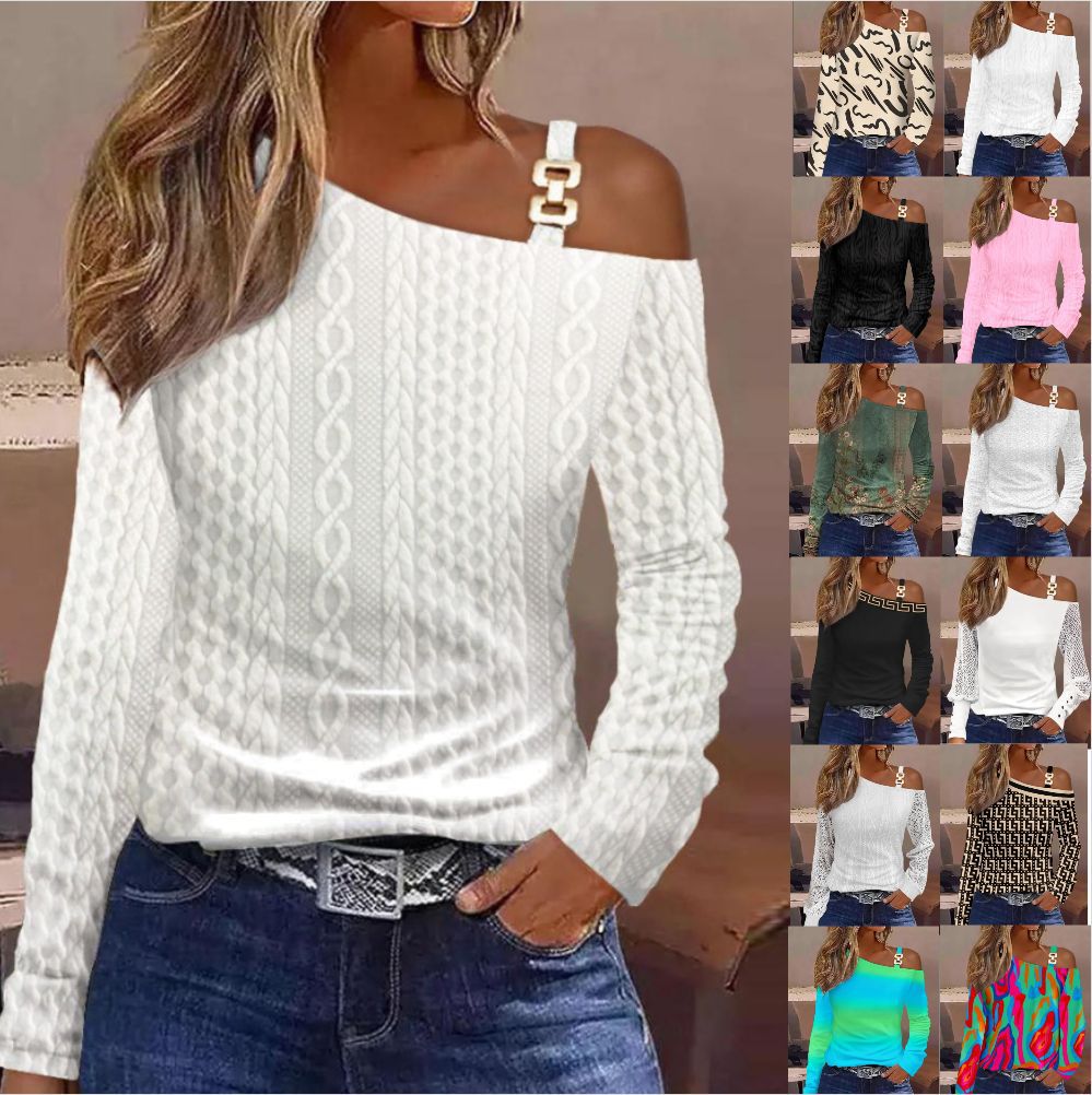 Animal Print Long Sleeve Top with Oblique Collar and Metal Buckle