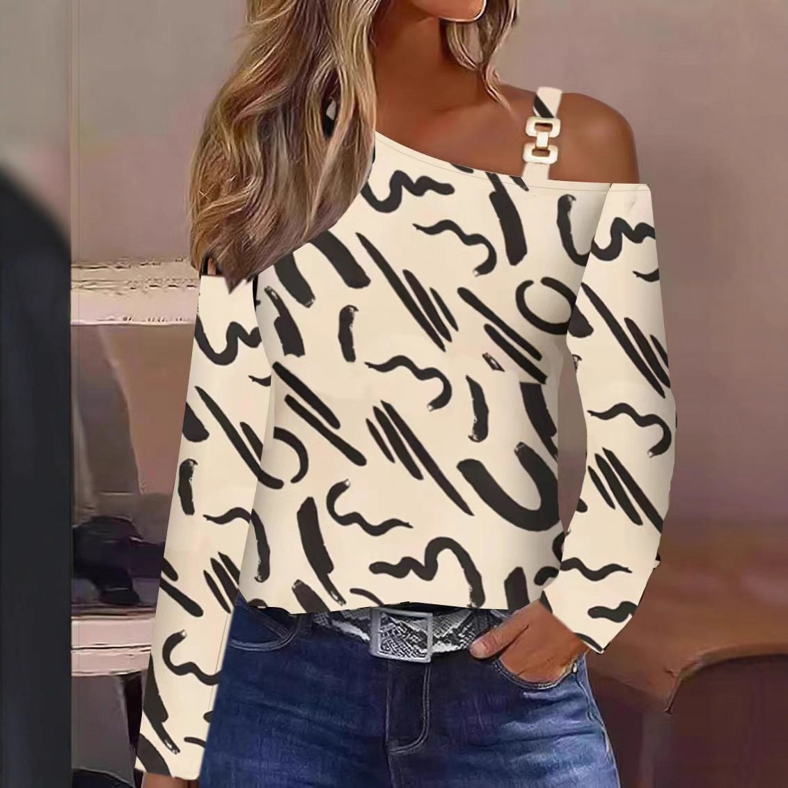 Animal Print Long Sleeve Top with Oblique Collar and Metal Buckle