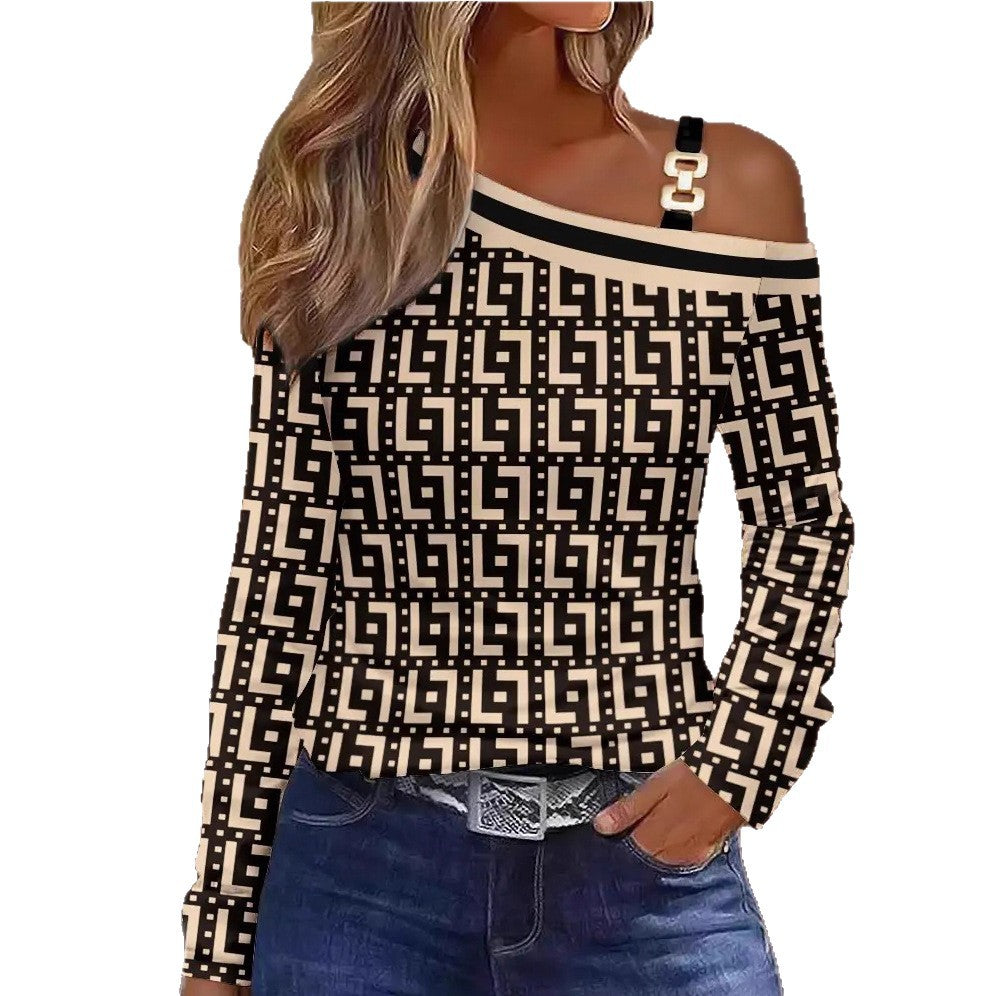 Animal Print Long Sleeve Top with Oblique Collar and Metal Buckle