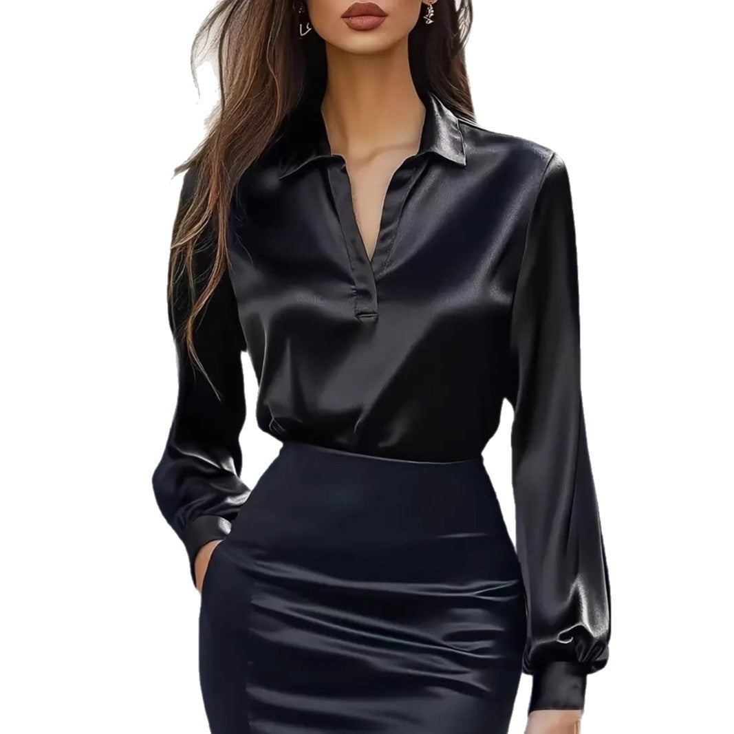 Solid Satin Blouse with V-Neck and Long Sleeves