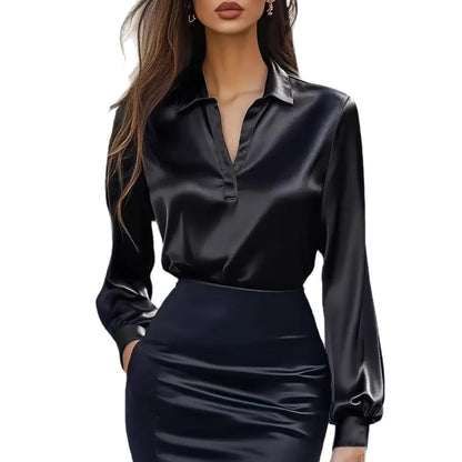 Solid Satin Blouse with V-Neck and Long Sleeves