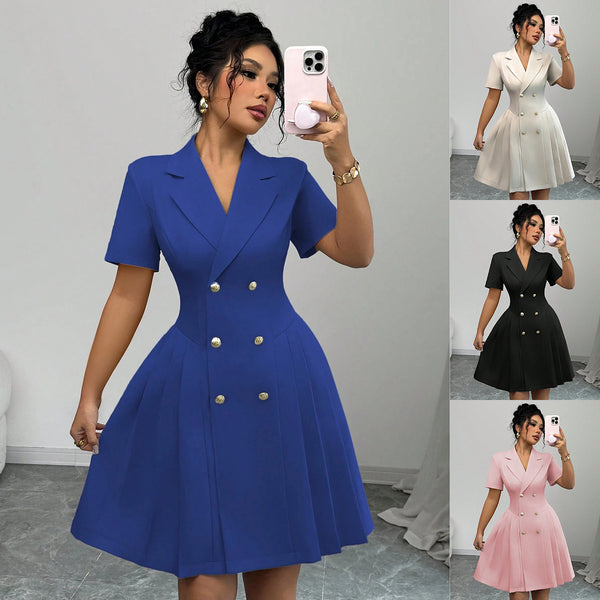 Blazer Dress with Short Sleeves, Double-Breasted Buttons, and Pleated Skirt