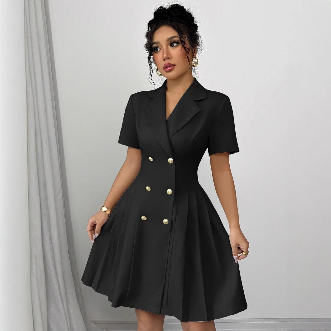 Blazer Dress with Short Sleeves, Double-Breasted Buttons, and Pleated Skirt