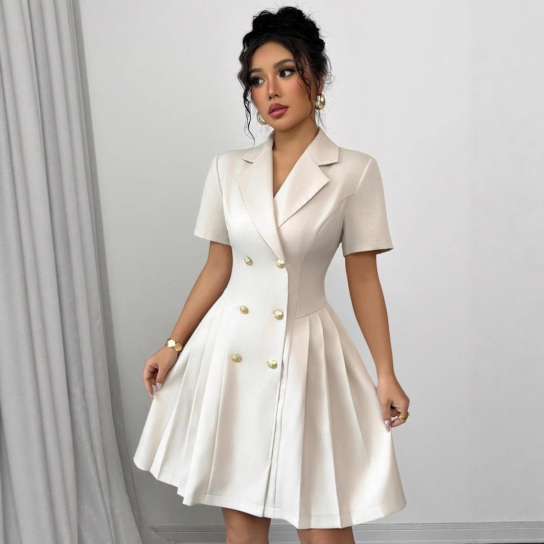 Blazer Dress with Short Sleeves, Double-Breasted Buttons, and Pleated Skirt