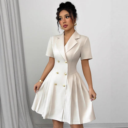 Blazer Dress with Short Sleeves, Double-Breasted Buttons, and Pleated Skirt