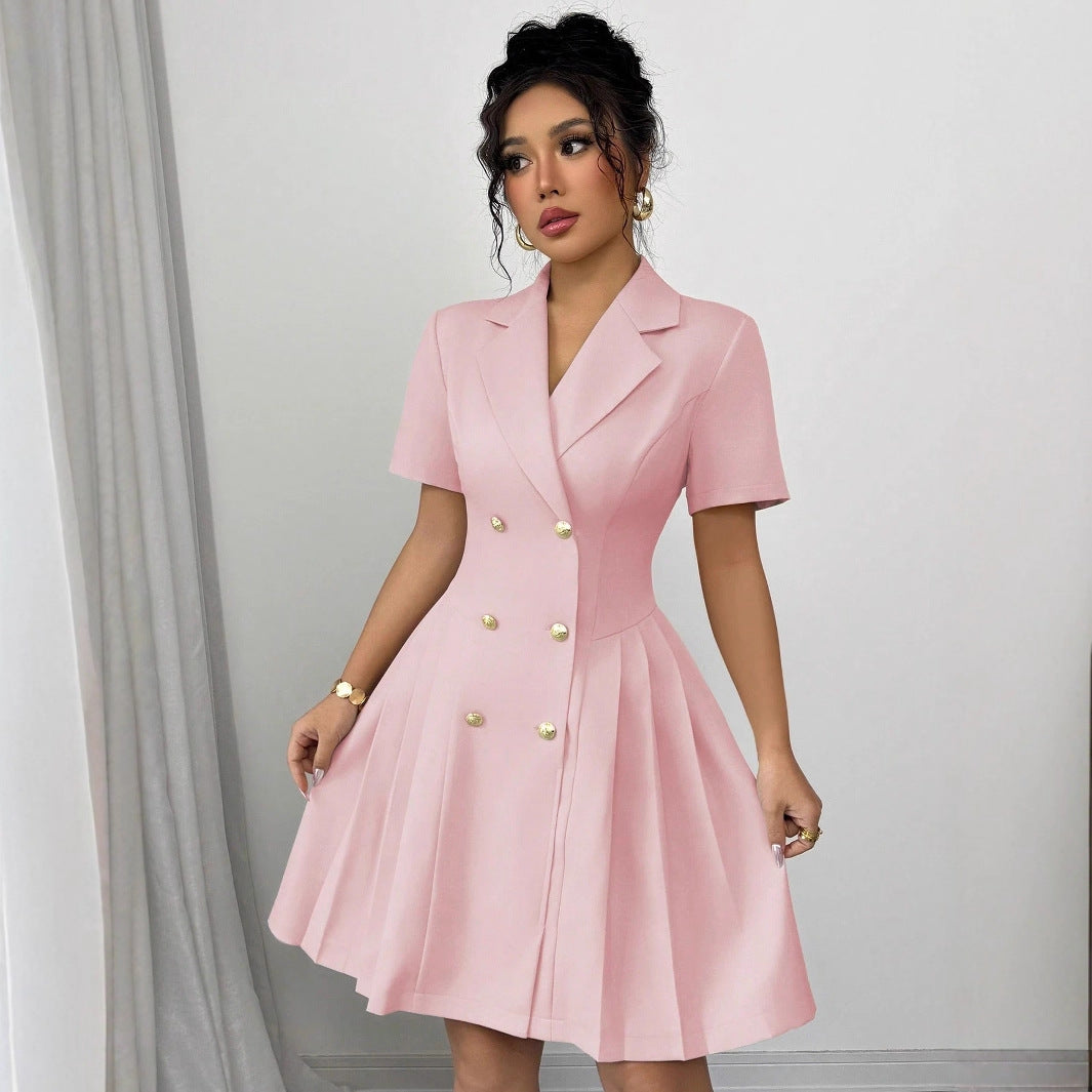 Blazer Dress with Short Sleeves, Double-Breasted Buttons, and Pleated Skirt