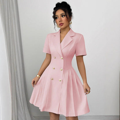 Blazer Dress with Short Sleeves, Double-Breasted Buttons, and Pleated Skirt