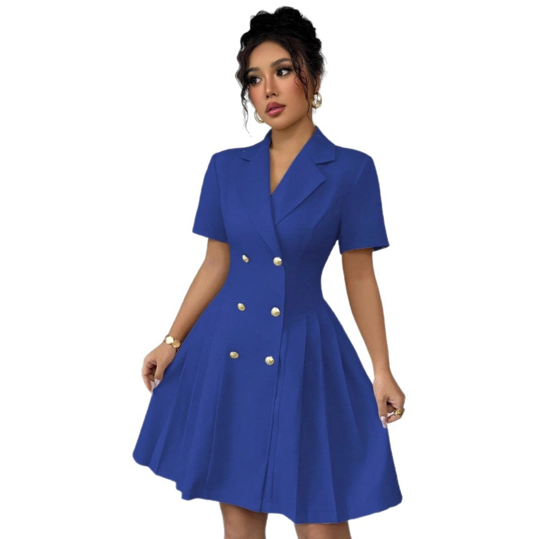 Blazer Dress with Short Sleeves, Double-Breasted Buttons, and Pleated Skirt