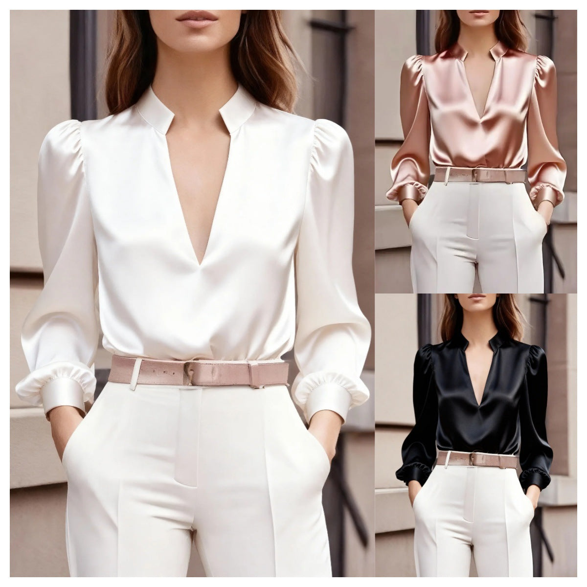Solid Satin Blouse with Notched V-Neck and Puff Sleeves