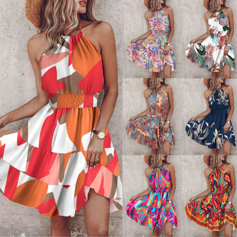 Vibrant Printed Dress with Halter Neck and Smocked Waist