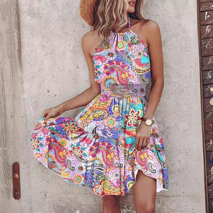 Vibrant Printed Dress with Halter Neck and Smocked Waist